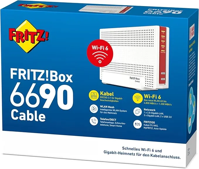 Originalverpackung der FRITZ!Box 6690 Cable – Kabelrouter mit Wi-Fi 6, DOCSIS 3.1 und Smart Home Funktionen.