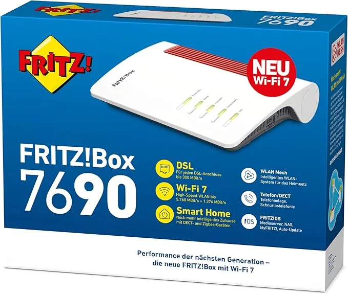Originalverpackung der FRITZ!Box 7690 – DSL Router mit Wi-Fi 7, Smart Home und Telefonanlage.